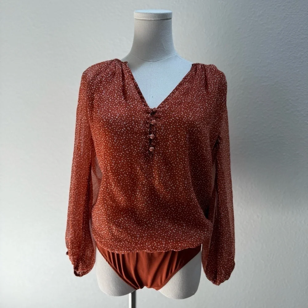 Abercrombie & Fitch Women's Orange Brown Puff Sleeve Bodysuit Size Medium